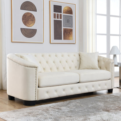 77'' Modern Velvet 3-Seater Sofa with Tufted Backrests, Nailhead Trim, and 2 Pillows