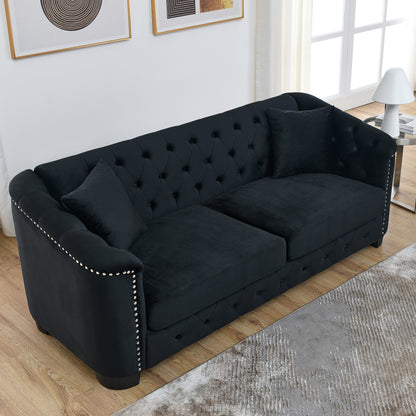 77'' Modern Velvet 3-Seater Sofa with Tufted Backrests, Nailhead Trim, and 2 Pillows