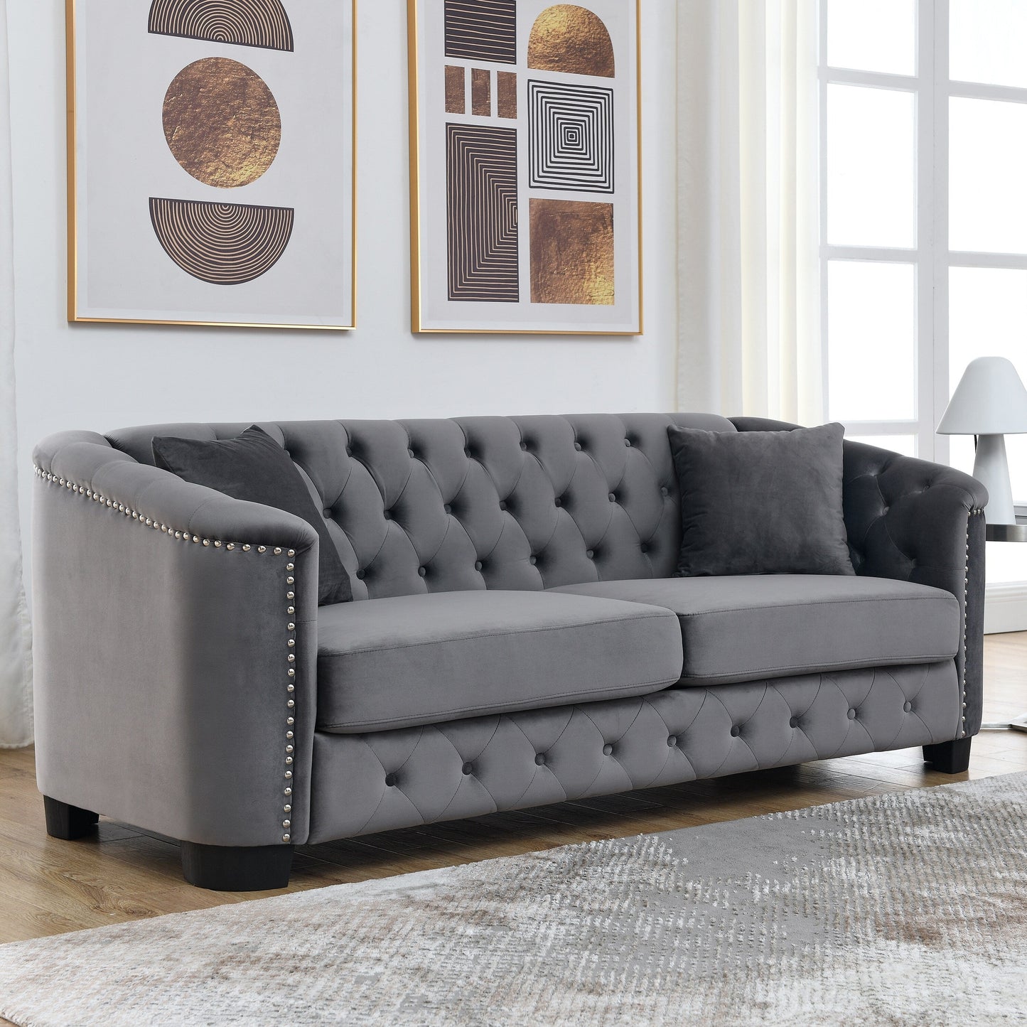 77'' Modern Velvet 3-Seater Sofa with Tufted Backrests, Nailhead Trim, and 2 Pillows