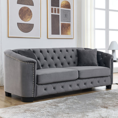 77'' Modern Velvet 3-Seater Sofa with Tufted Backrests, Nailhead Trim, and 2 Pillows
