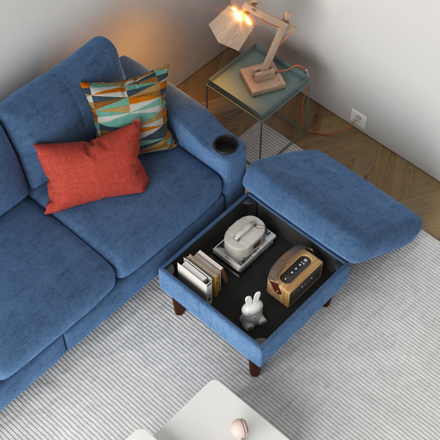 78.74 L-Shaped Fabric 3-Seater Sofa with Storage Ottoman, USB Port, Cup Holder, and Modern Design