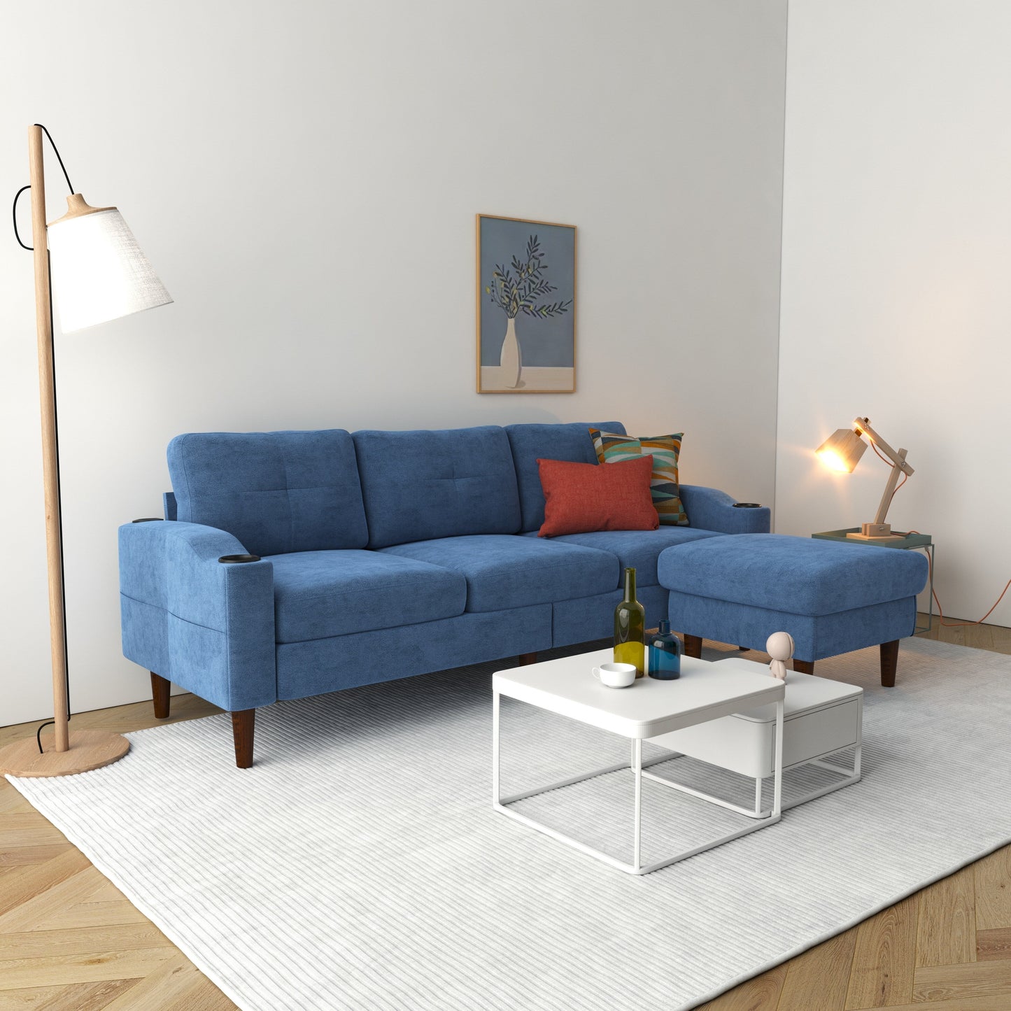78.74 L-Shaped Fabric 3-Seater Sofa with Storage Ottoman, USB Port, Cup Holder, and Modern Design