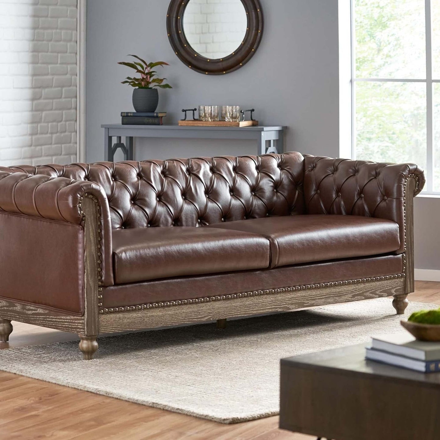 78.75'' PU Leather 3-Seater Sofa with Wooden Legs and Stylish Rivet Detailing