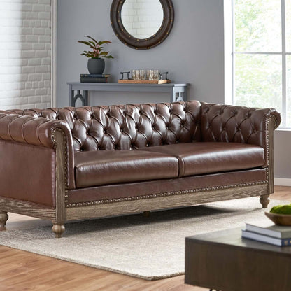 78.75'' PU Leather 3-Seater Sofa with Wooden Legs and Stylish Rivet Detailing