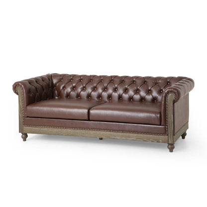 78.75'' PU Leather 3-Seater Sofa with Wooden Legs and Stylish Rivet Detailing