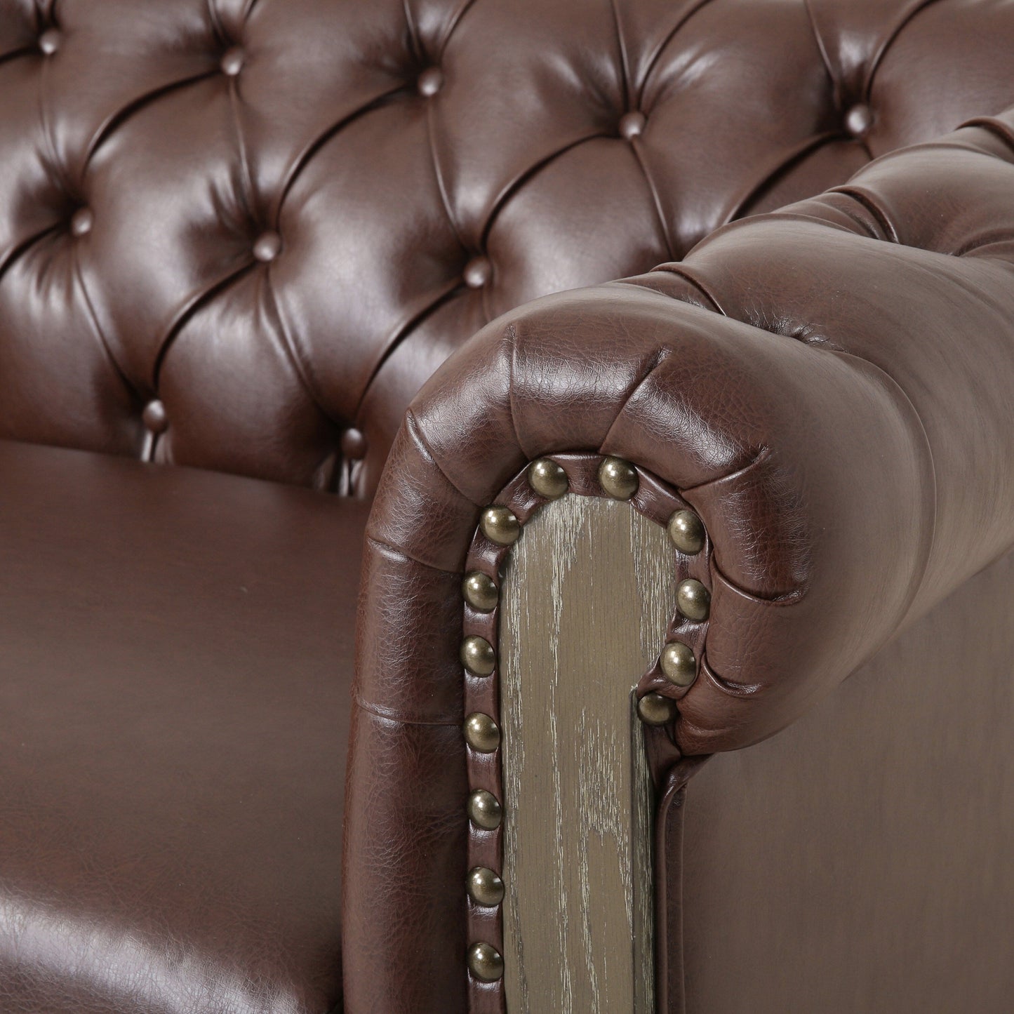 78.75'' PU Leather 3-Seater Sofa with Wooden Legs and Stylish Rivet Detailing