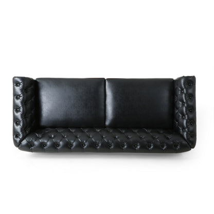 78.75'' PU Leather 3-Seater Sofa with Wooden Legs and Stylish Rivet Detailing