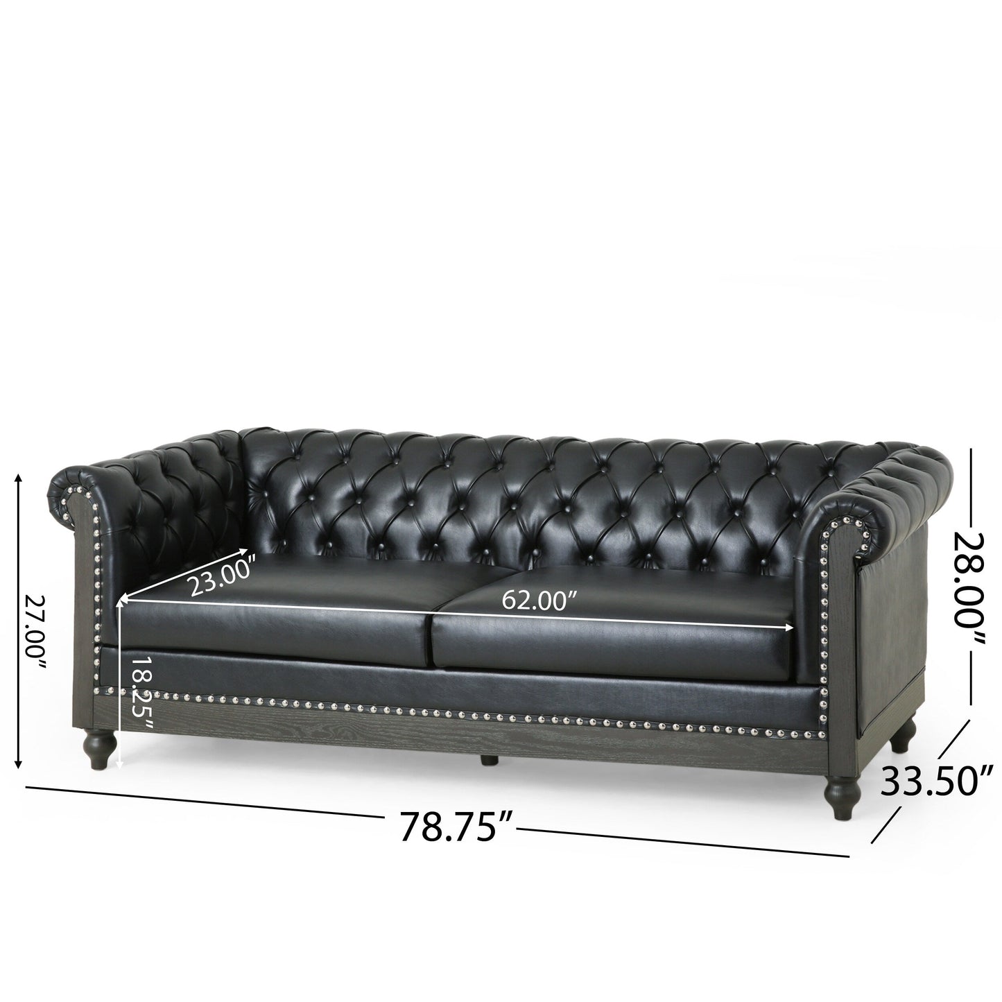 78.75'' PU Leather 3-Seater Sofa with Wooden Legs and Stylish Rivet Detailing