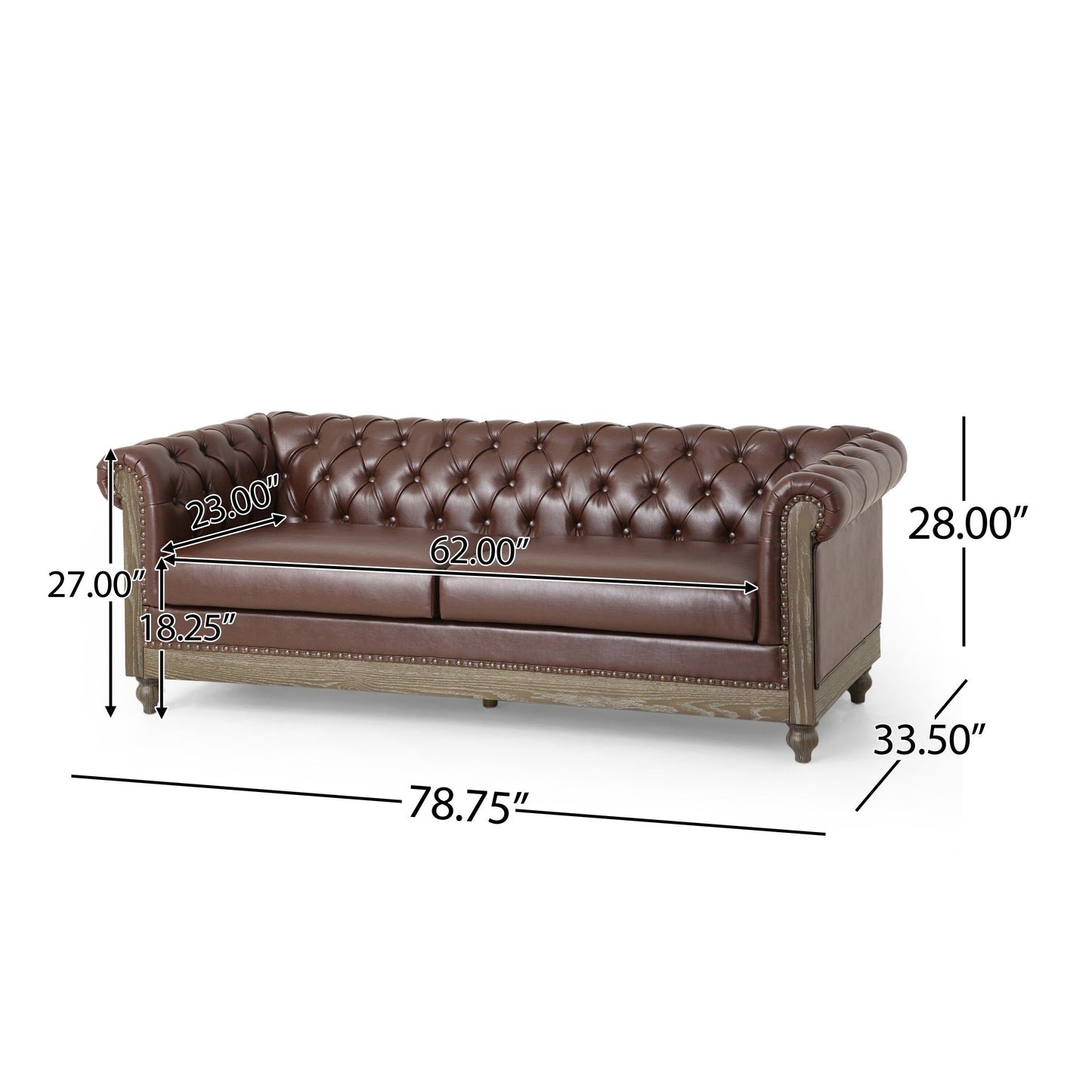 78.75'' PU Leather 3-Seater Sofa with Wooden Legs and Stylish Rivet Detailing