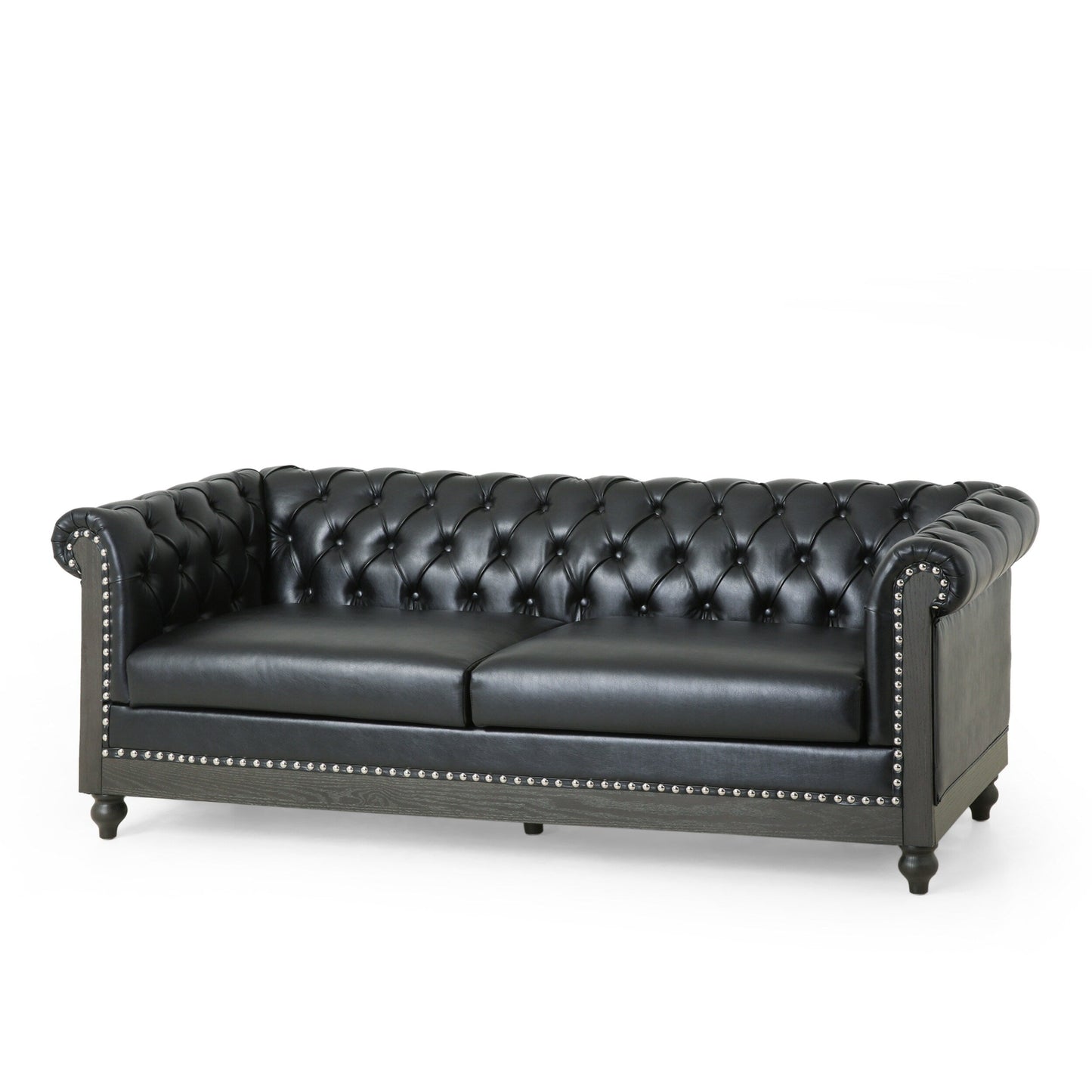 78.75'' PU Leather 3-Seater Sofa with Wooden Legs, Rivet Detailing, and Adjustable Backrest