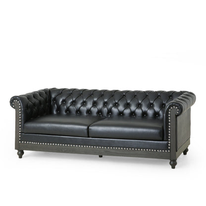 78.75'' PU Leather 3-Seater Sofa with Wooden Legs, Rivet Detailing, and Adjustable Backrest
