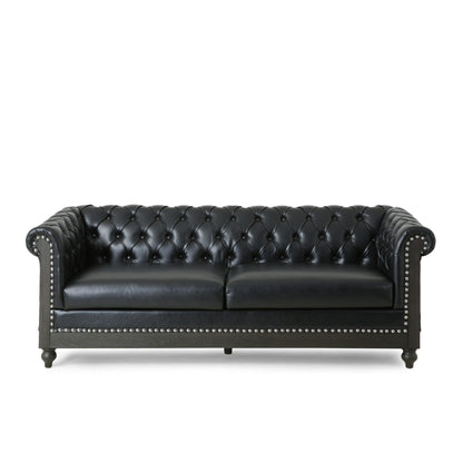 78.75'' PU Leather 3-Seater Sofa with Wooden Legs, Rivet Detailing, and Adjustable Backrest
