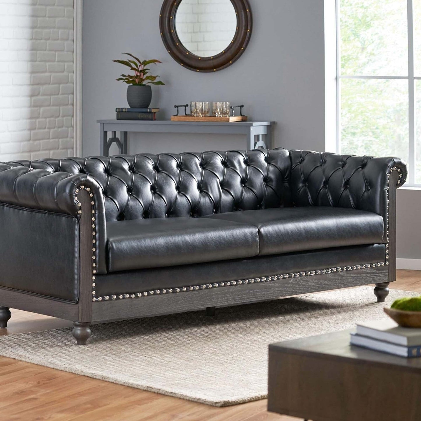 78.75'' PU Leather 3-Seater Sofa with Wooden Legs, Rivet Detailing, and Adjustable Backrest