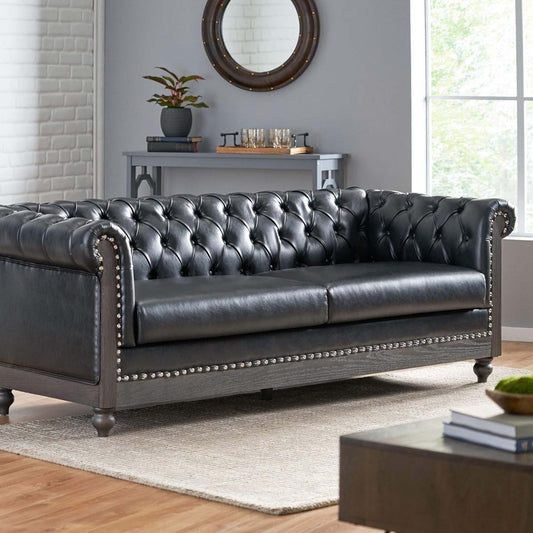 78.75'' PU Leather 3-Seater Sofa with Wooden Legs, Rivet Detailing, and Adjustable Backrest
