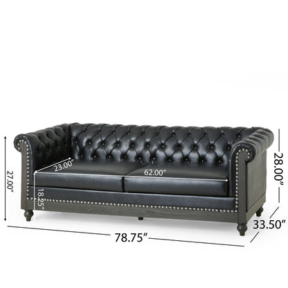 78.75'' PU Leather 3-Seater Sofa with Wooden Legs, Rivet Detailing, and Adjustable Backrest