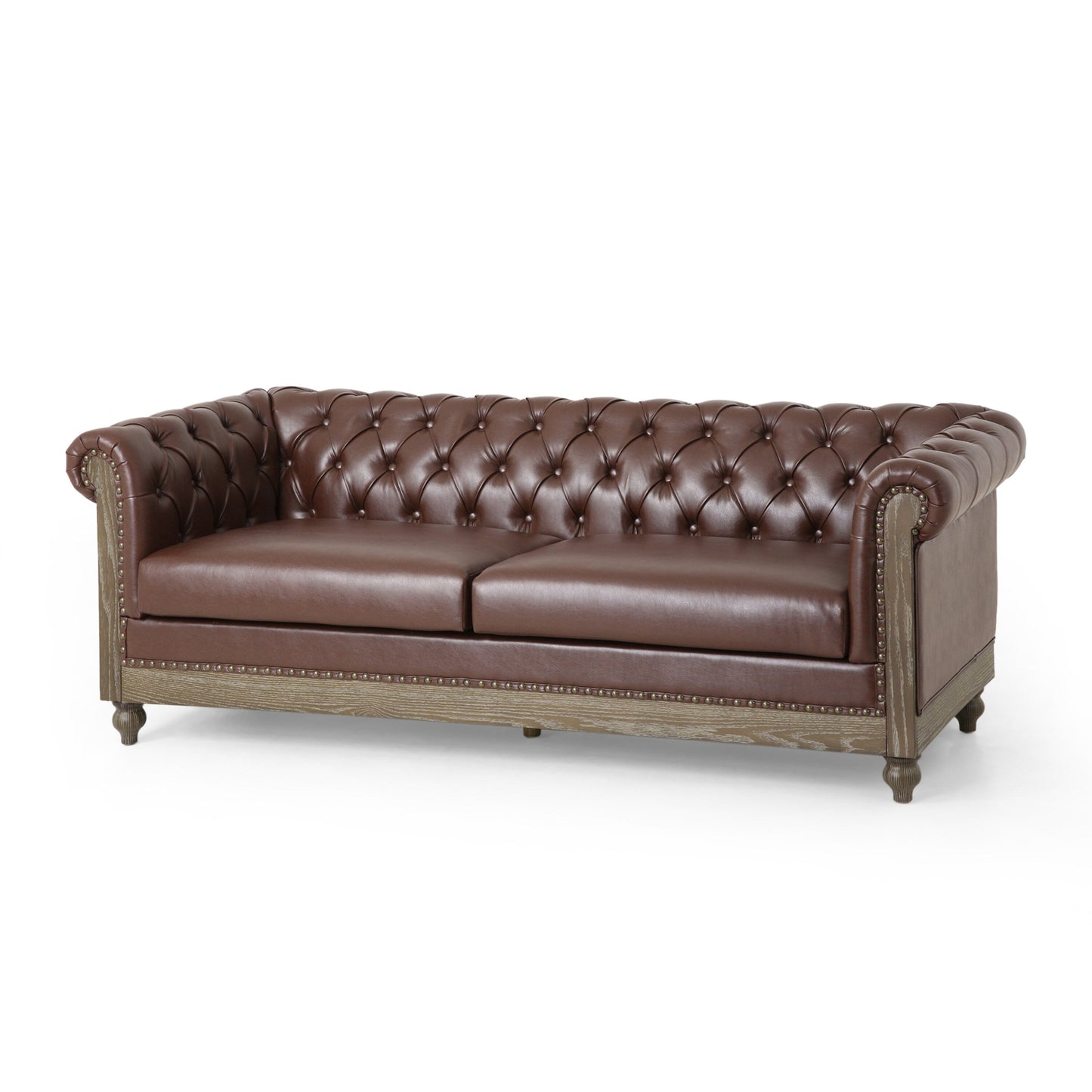 78.75'' PU Leather 3-Seater Sofa with Wooden Legs, Rivet Detailing, and Adjustable Backrest