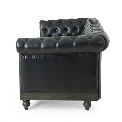 78.75'' PU Leather 3-Seater Sofa with Wooden Legs, Rivet Detailing, and Adjustable Backrest
