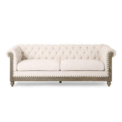 78.75'' PU Leather 3-Seater Sofa with Wooden Legs, Rivet Detailing, and Adjustable Backrest