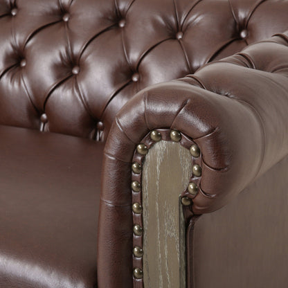 78.75'' PU Leather 3-Seater Sofa with Wooden Legs, Rivet Detailing, and Adjustable Backrest