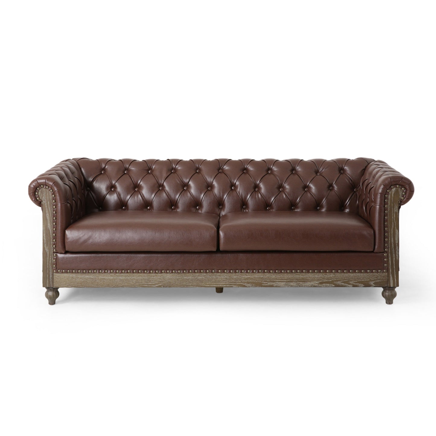 78.75'' PU Leather 3-Seater Sofa with Wooden Legs, Rivet Detailing, and Adjustable Backrest