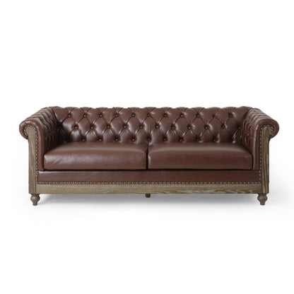 78.75'' PU Leather 3-Seater Sofa with Wooden Legs, Rivet Detailing, and Adjustable Backrest