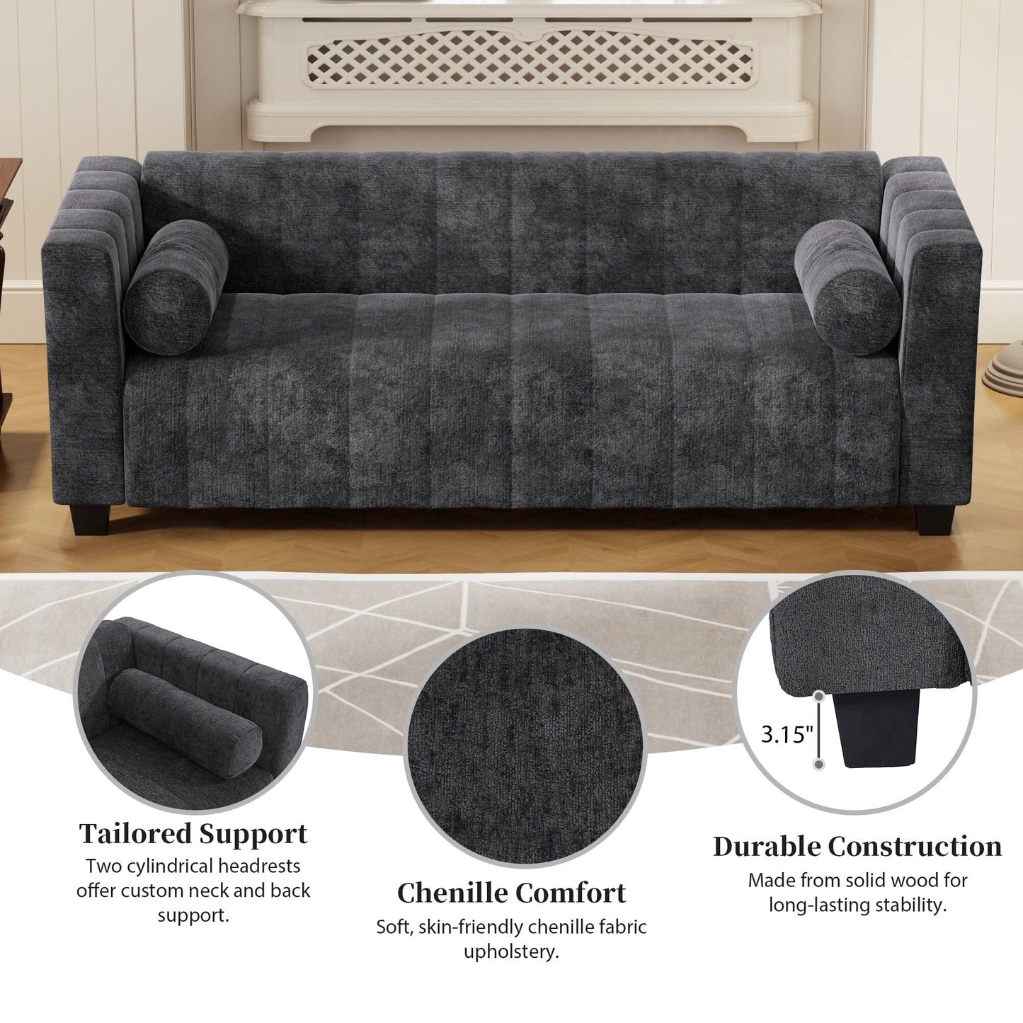 78.7 Chenille Upholstered 3-seater Sofa with Plastic Legs and 2 Pillows for Living Room