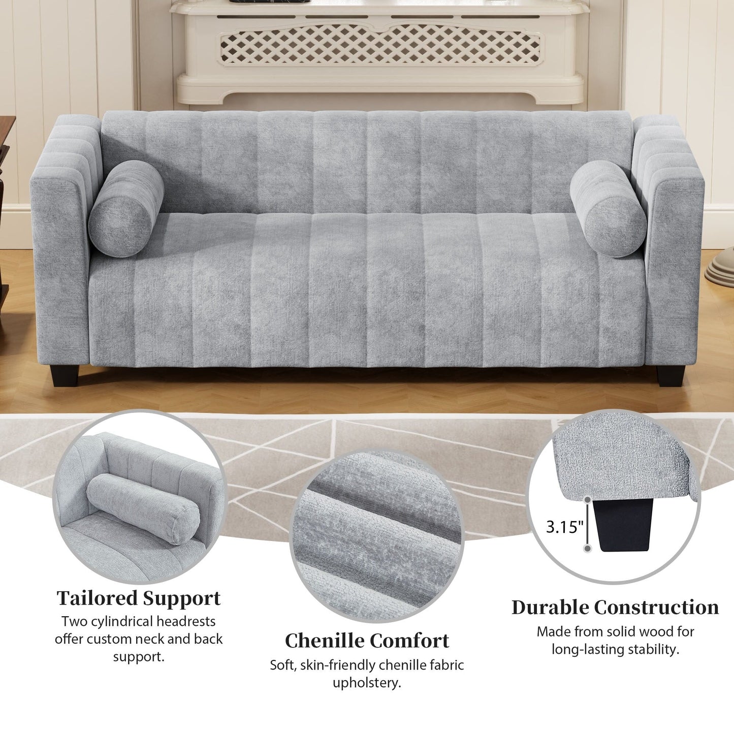 78.7 Chenille Upholstered 3-seater Sofa with Plastic Legs and 2 Pillows for Living Room