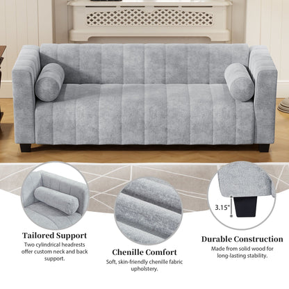78.7 Chenille Upholstered 3-seater Sofa with Plastic Legs and 2 Pillows for Living Room
