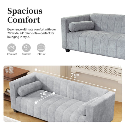 78.7 Chenille Upholstered 3-seater Sofa with Plastic Legs and 2 Pillows for Living Room