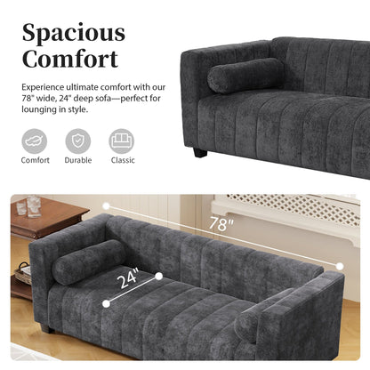 78.7 Chenille Upholstered 3-seater Sofa with Plastic Legs and 2 Pillows for Living Room