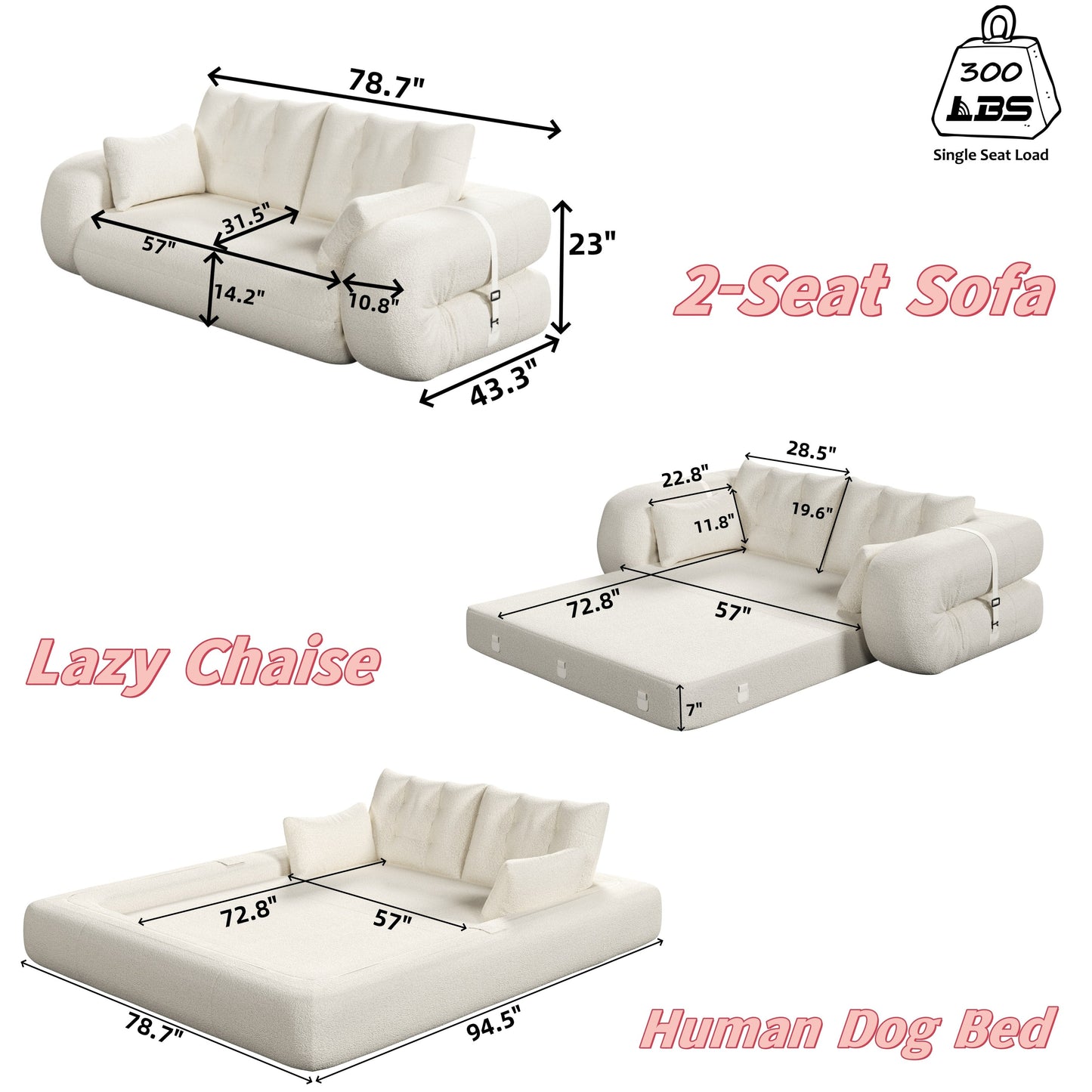 78.7 Human Dog Bed, Lazy Sofa Couch, 3-in-1 Foldable Sofa Bed