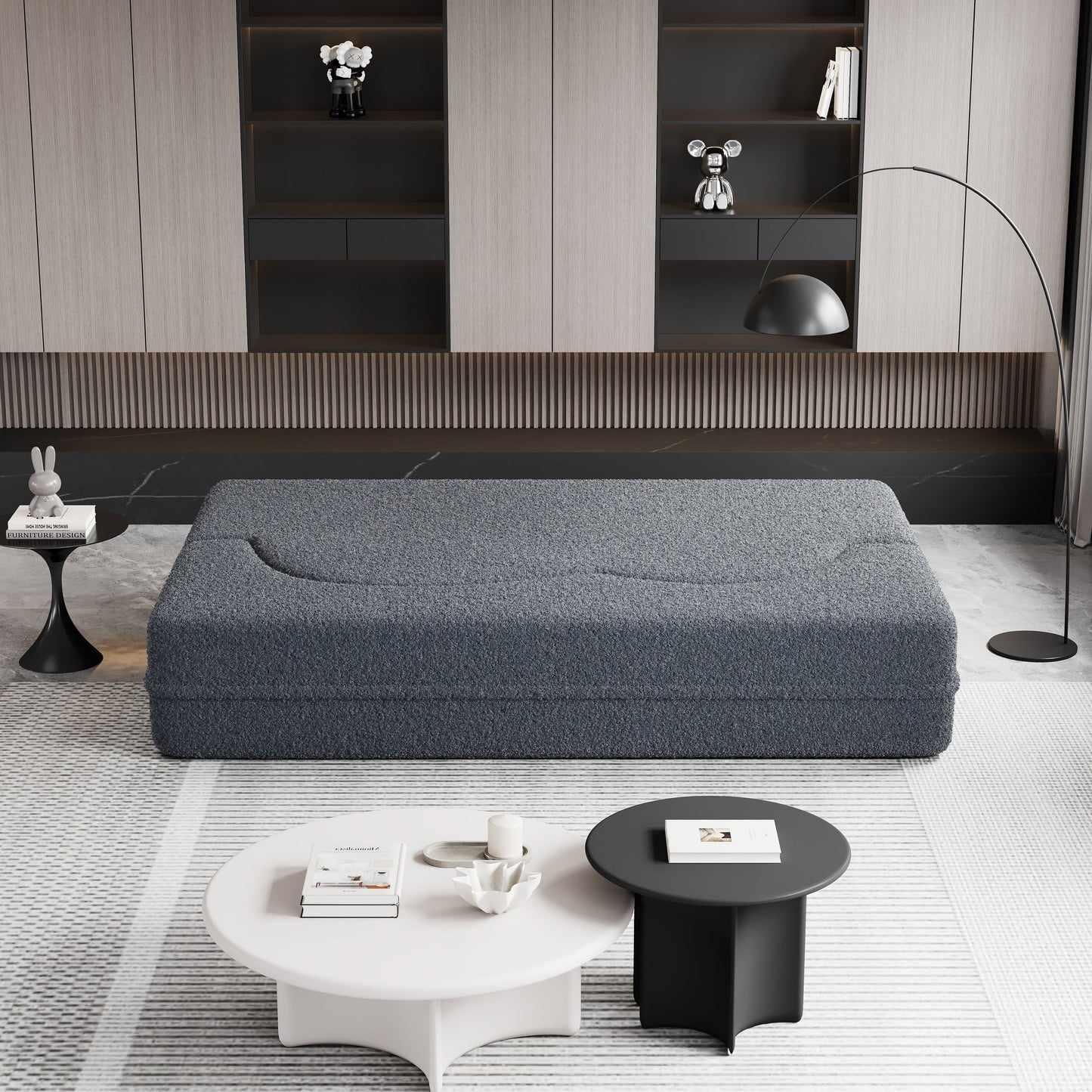 78 Convertible Teddy Fabric Loveseat Foam-Filled Floor Sofa Bed with 2 Pillows and Folding Mattress for Living Room