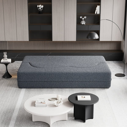 78 Convertible Teddy Fabric Loveseat Foam-Filled Floor Sofa Bed with 2 Pillows and Folding Mattress for Living Room