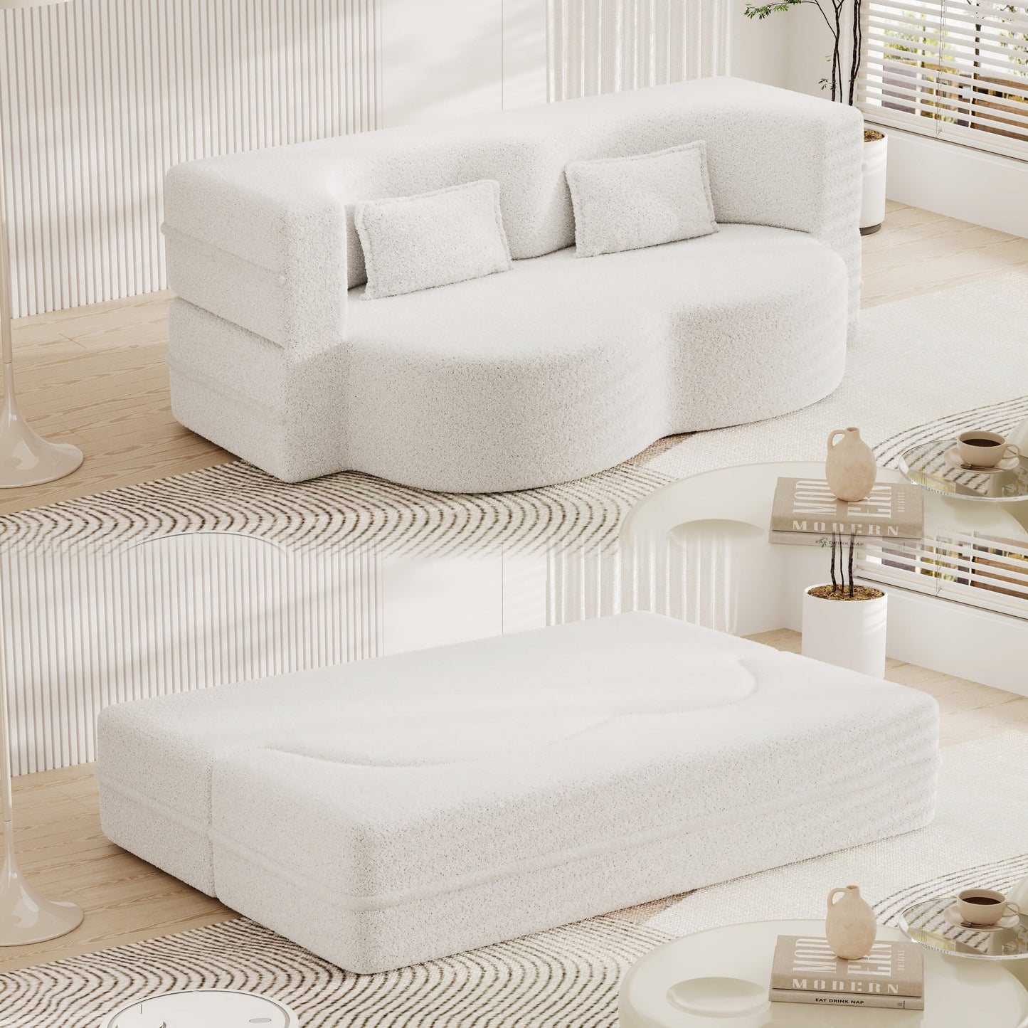 78 Convertible Teddy Fabric Loveseat Foam-Filled Floor Sofa Bed with 2 Pillows and Folding Mattress for Living Room