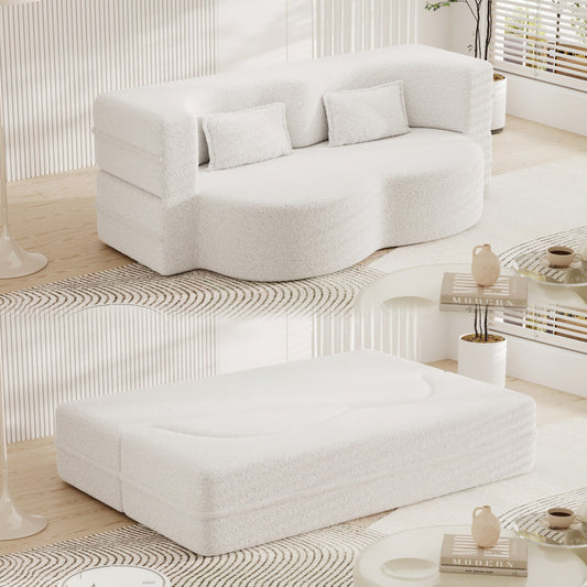 78 Convertible Teddy Fabric Loveseat Foam-Filled Floor Sofa Bed with 2 Pillows and Folding Mattress for Living Room