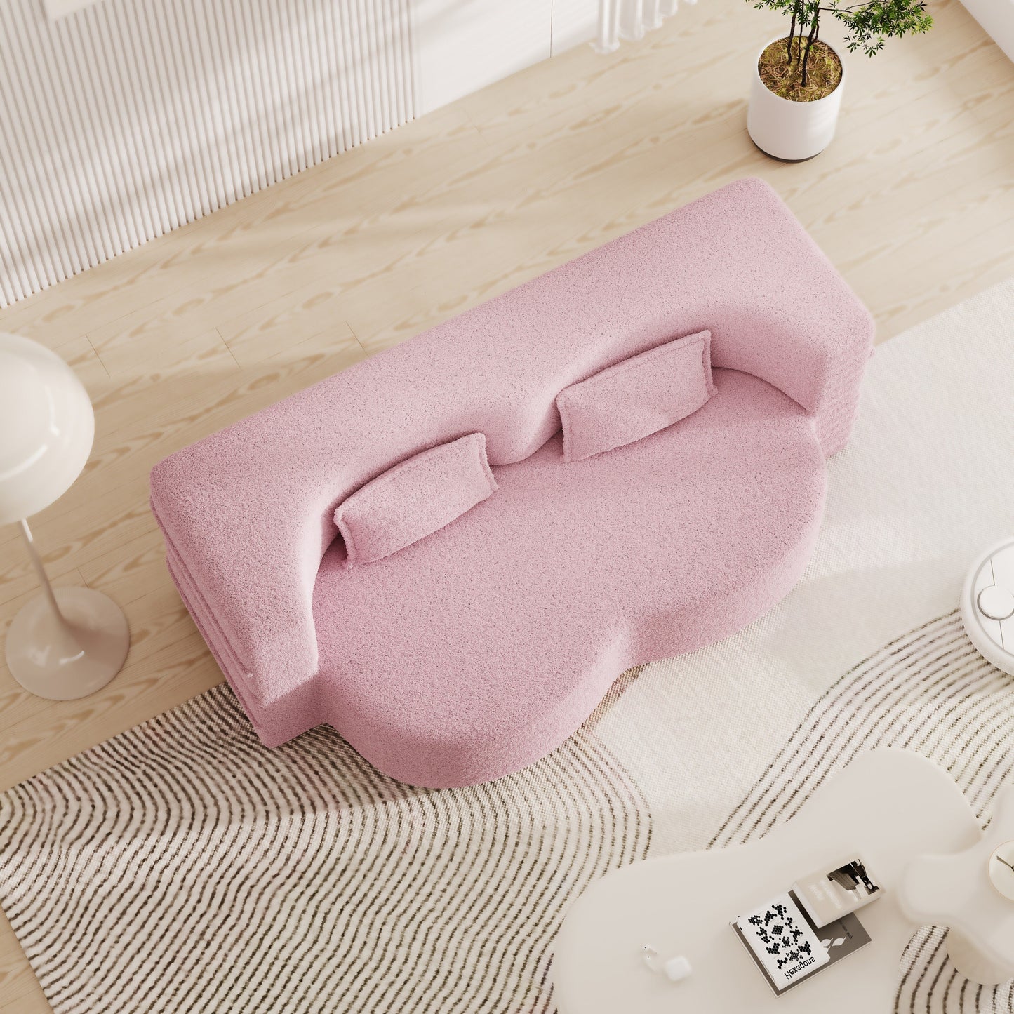 78 Convertible Teddy Fabric Loveseat Foam-Filled Floor Sofa Bed with 2 Pillows and Folding Mattress for Living Room