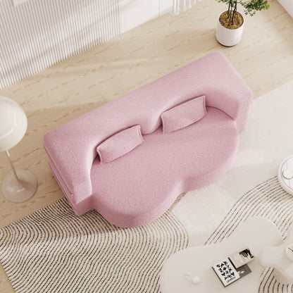 78 Convertible Teddy Fabric Loveseat Foam-Filled Floor Sofa Bed with 2 Pillows and Folding Mattress for Living Room