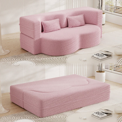 78 Convertible Teddy Fabric Loveseat Foam-Filled Floor Sofa Bed with 2 Pillows and Folding Mattress for Living Room