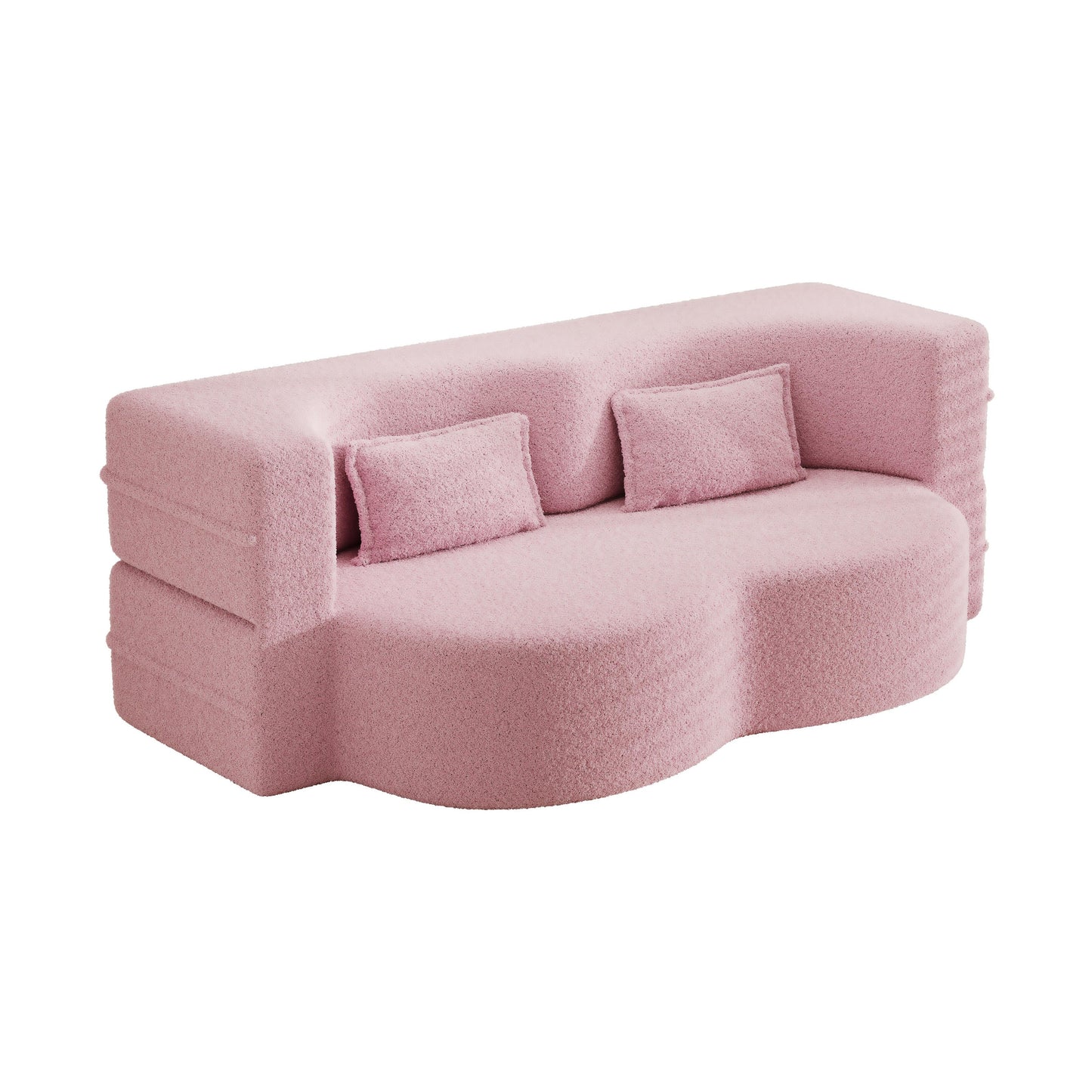 78 Convertible Teddy Fabric Loveseat Foam-Filled Floor Sofa Bed with 2 Pillows and Folding Mattress for Living Room