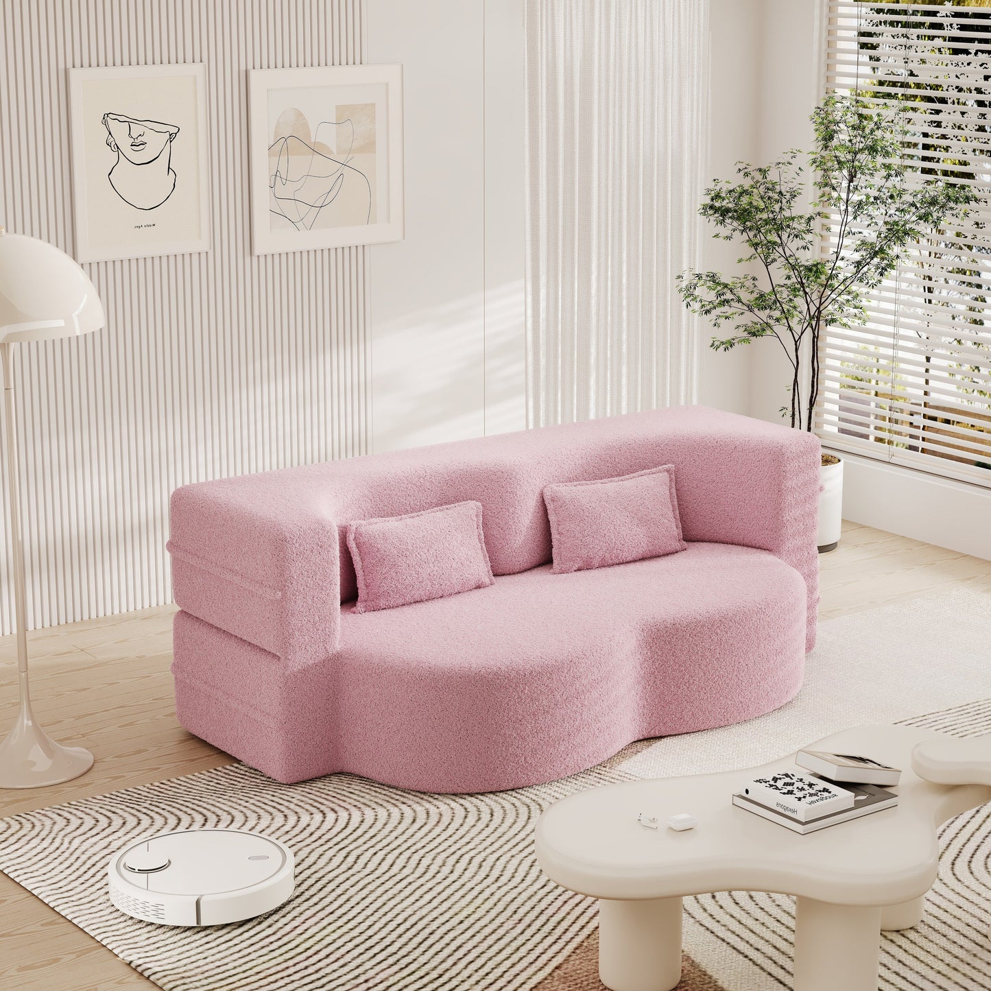78 Convertible Teddy Fabric Loveseat Foam-Filled Floor Sofa Bed with 2 Pillows and Folding Mattress for Living Room