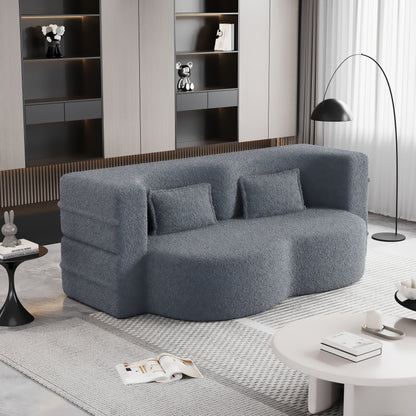 78 Convertible Teddy Fabric Loveseat Foam-Filled Floor Sofa Bed with 2 Pillows and Folding Mattress for Living Room