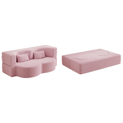 78 Convertible Teddy Fabric Loveseat Foam-Filled Floor Sofa Bed with 2 Pillows and Folding Mattress for Living Room