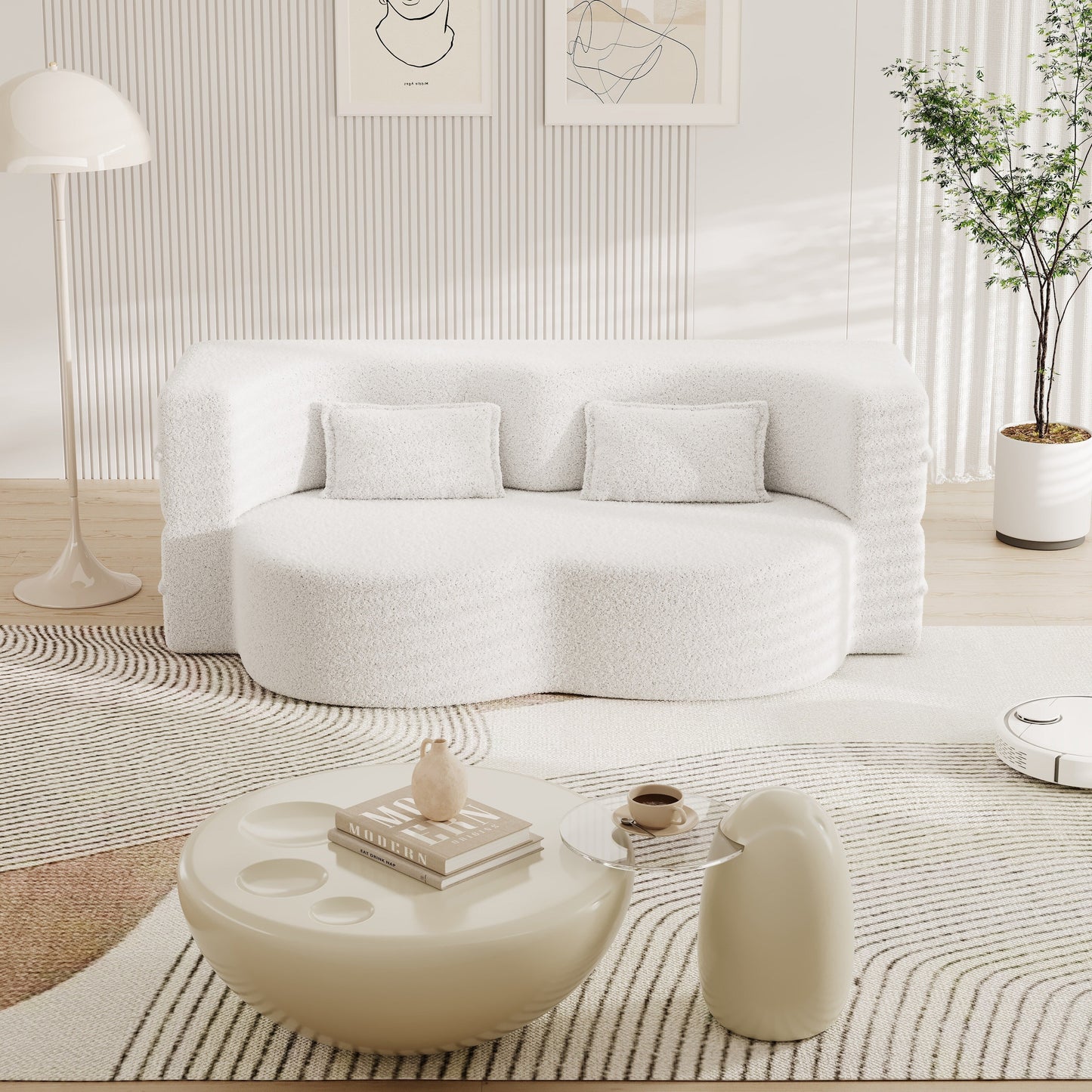78 Convertible Teddy Fabric Loveseat Foam-Filled Floor Sofa Bed with 2 Pillows and Folding Mattress for Living Room