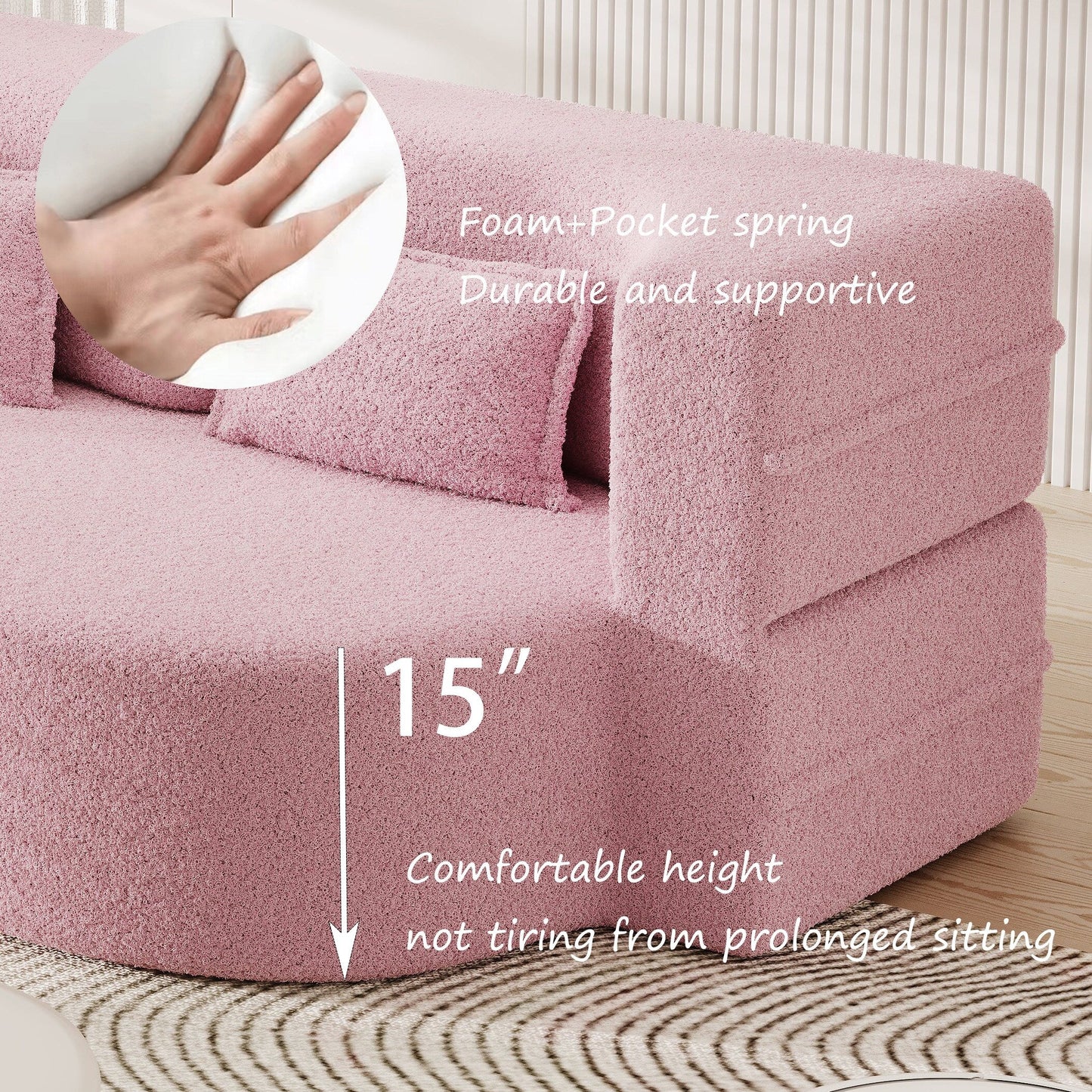 78 Convertible Teddy Fabric Loveseat Foam-Filled Floor Sofa Bed with 2 Pillows and Folding Mattress for Living Room
