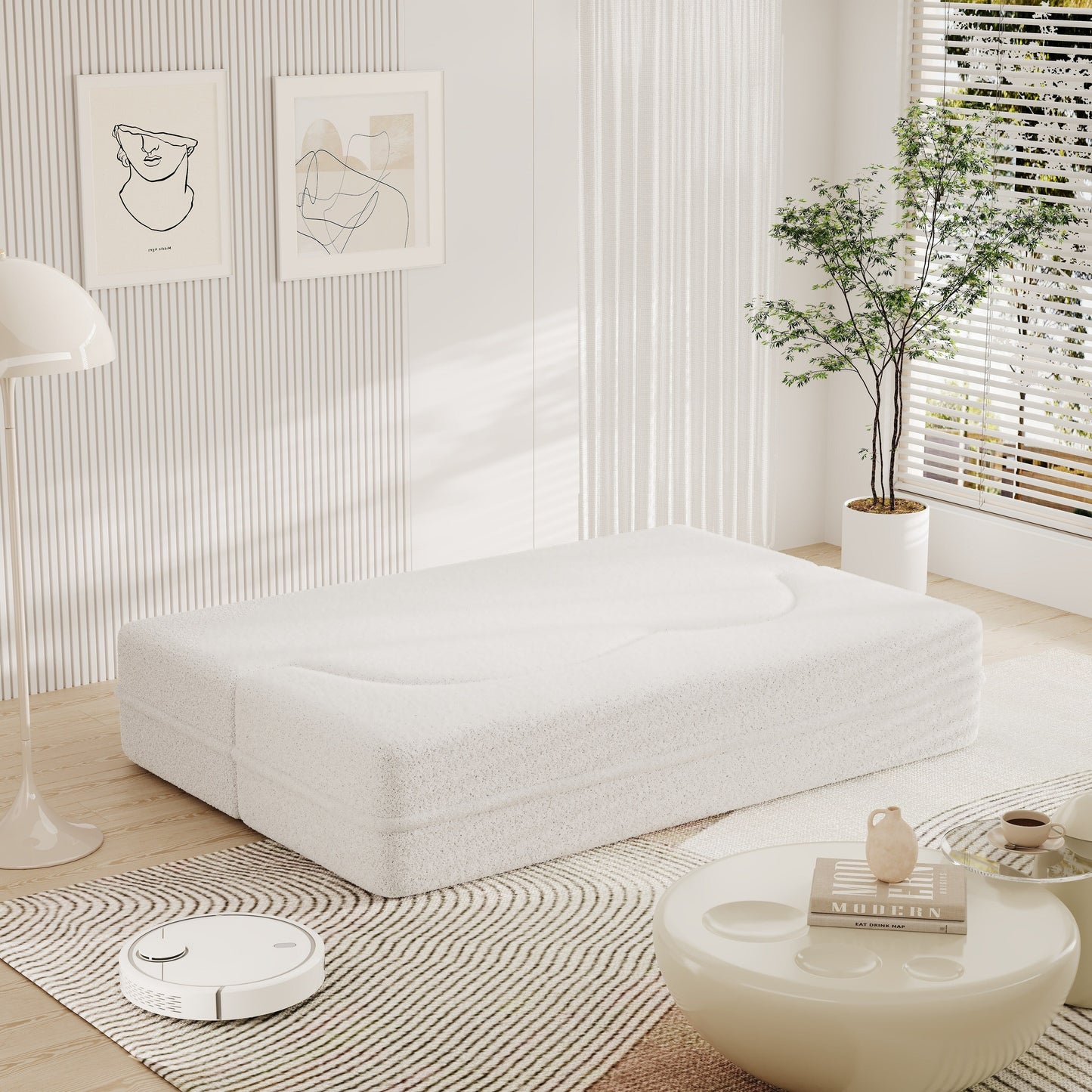78 Convertible Teddy Fabric Loveseat Foam-Filled Floor Sofa Bed with 2 Pillows and Folding Mattress for Living Room