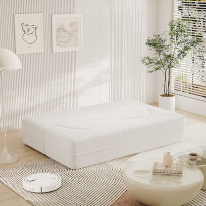 78 Convertible Teddy Fabric Loveseat Foam-Filled Floor Sofa Bed with 2 Pillows and Folding Mattress for Living Room