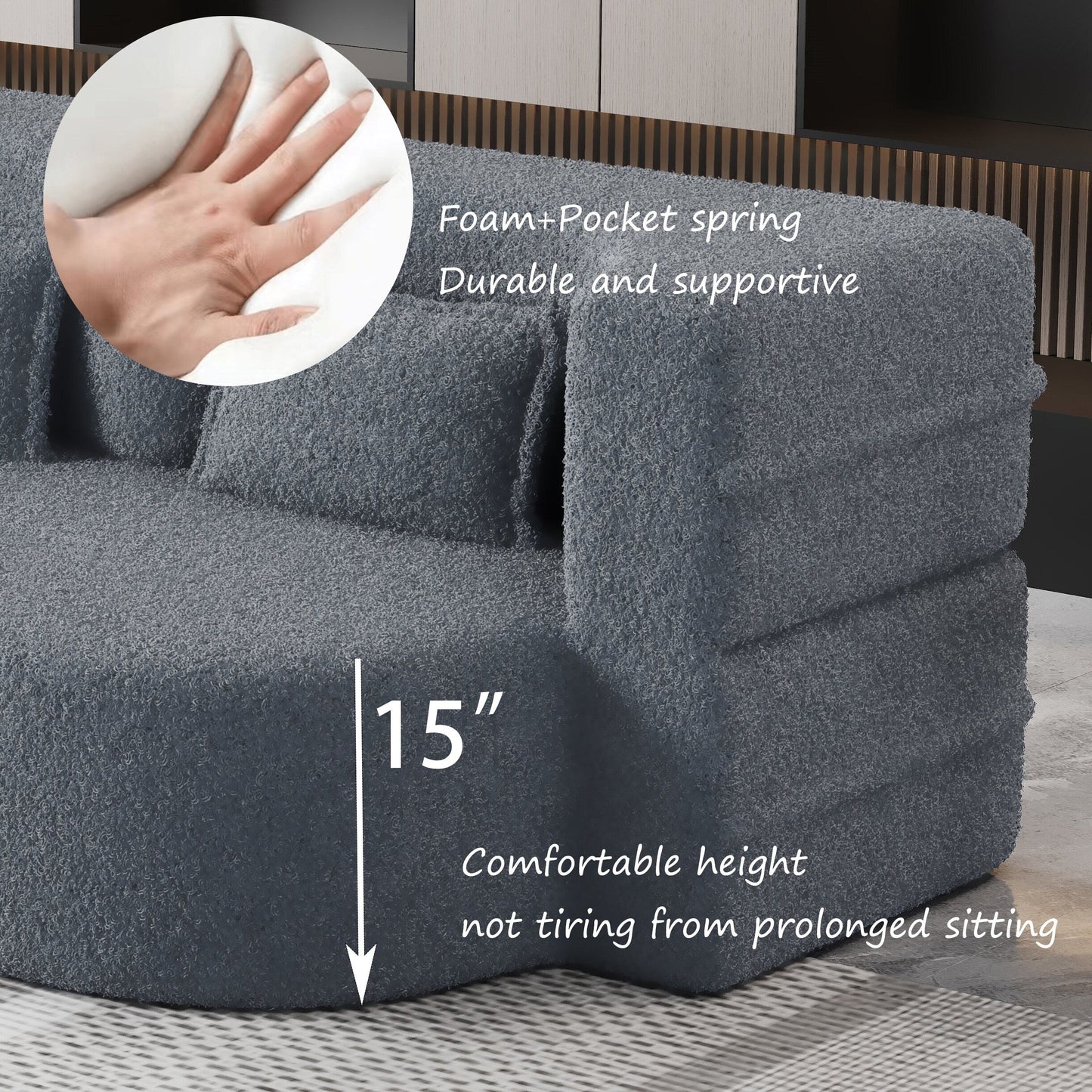 78 Convertible Teddy Fabric Loveseat Foam-Filled Floor Sofa Bed with 2 Pillows and Folding Mattress for Living Room
