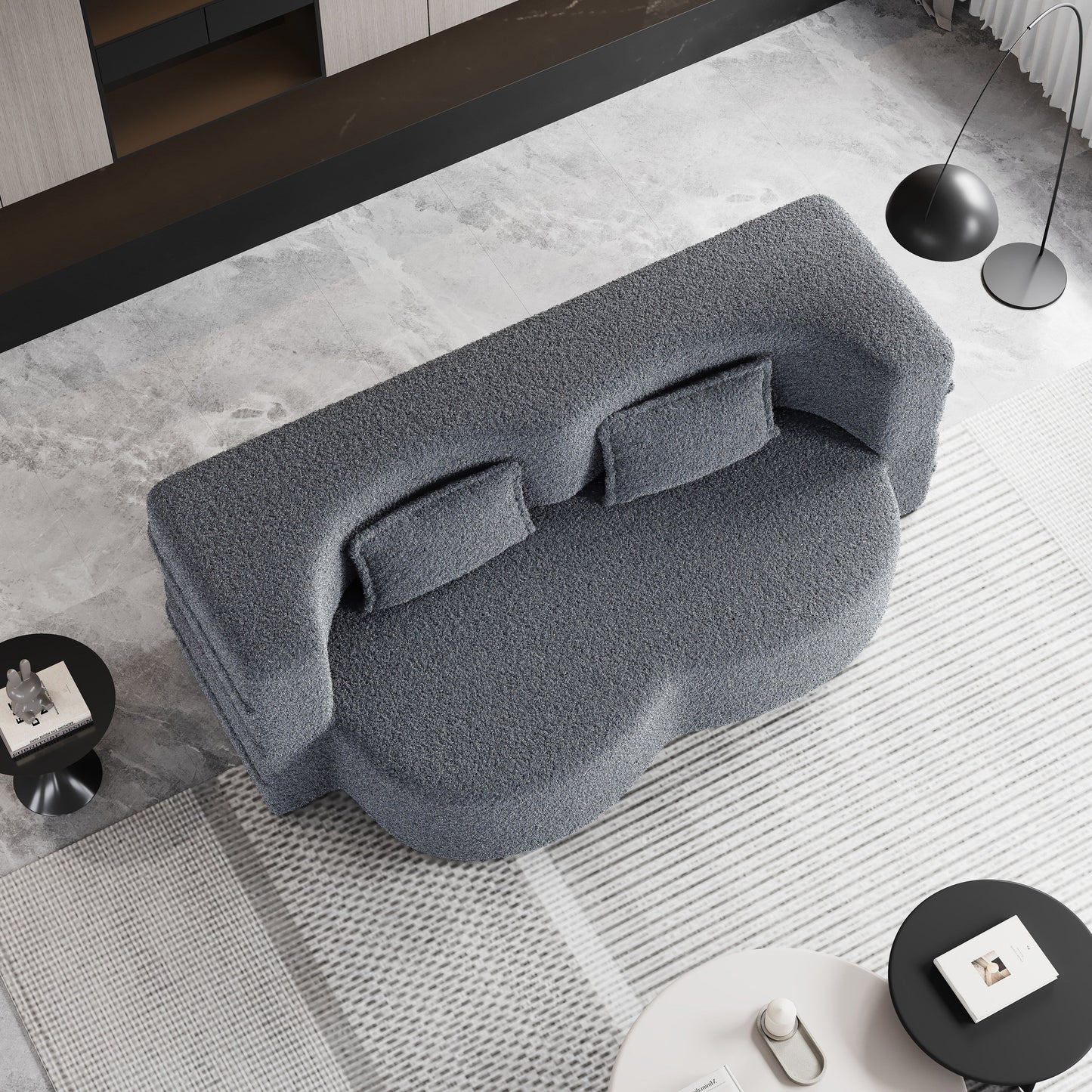 78 Convertible Teddy Fabric Loveseat Foam-Filled Floor Sofa Bed with 2 Pillows and Folding Mattress for Living Room