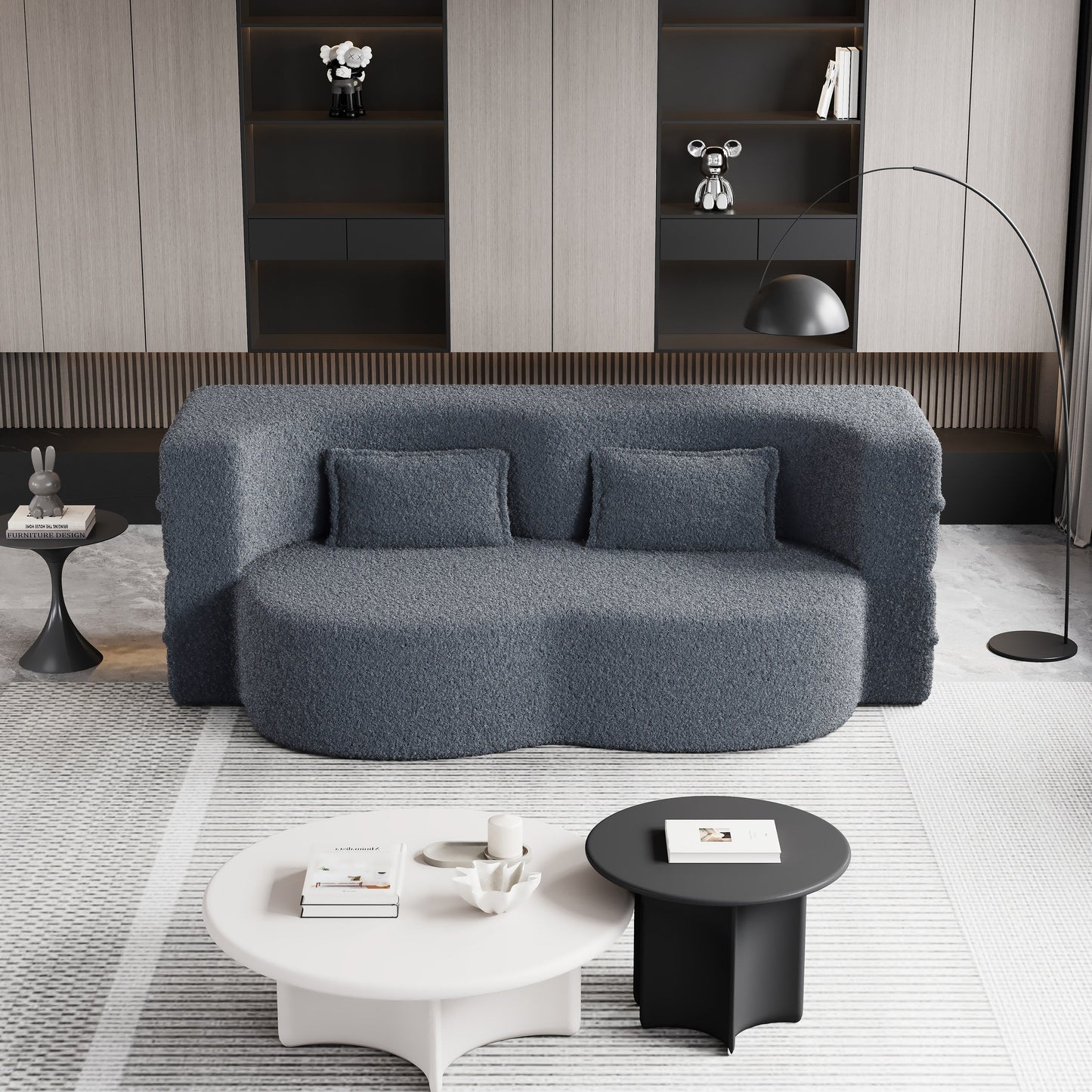 78 Convertible Teddy Fabric Loveseat Foam-Filled Floor Sofa Bed with 2 Pillows and Folding Mattress for Living Room