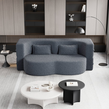 78 Convertible Teddy Fabric Loveseat Foam-Filled Floor Sofa Bed with 2 Pillows and Folding Mattress for Living Room
